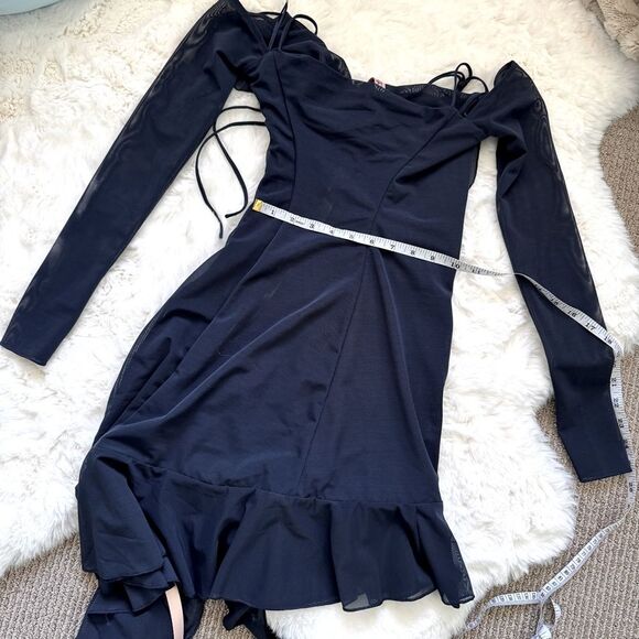 House of CB Hi-Lo Asymmetrical Ruffle Off Shoulder Mesh Kiki Dress XS - Navy - Picture 6 of 7